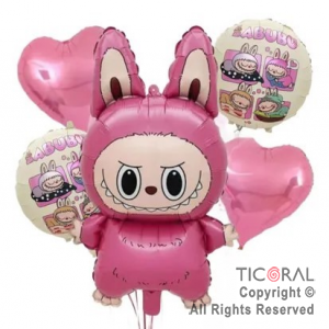 SET DE GLOBOS METALIZADO LABUBU ROSA 5 UNIDADES X 1